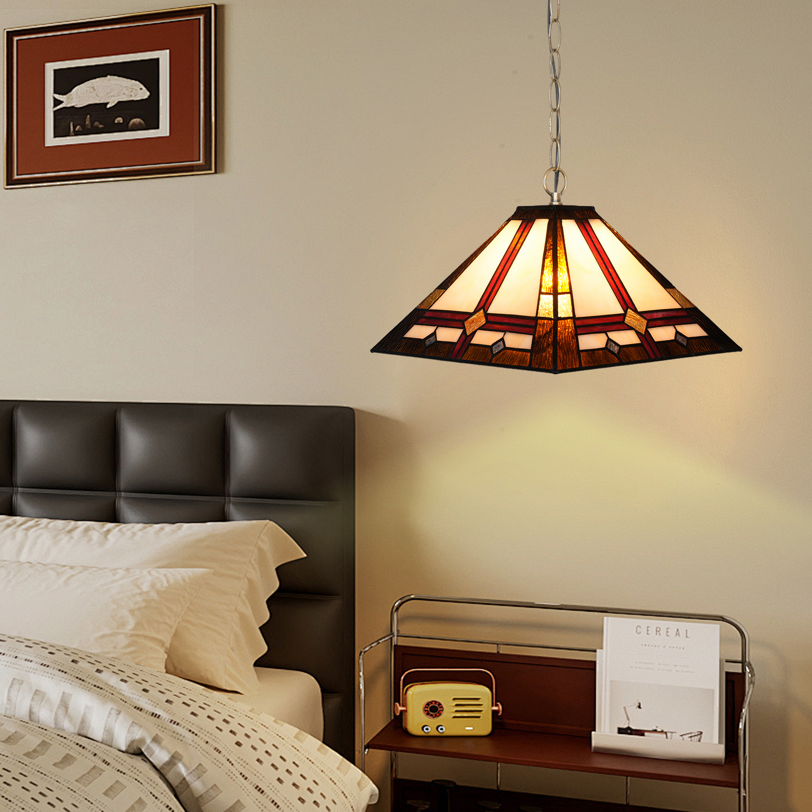 Blivuself Tiffany Style Handmade Creative Stained Glass Chandelier 16 Inches Brown 83g Square Lamp Suitable For Bedroom Dormitory Living Room Dining Room Traditional Retro Style Home Decoration Classical Art OFP1411