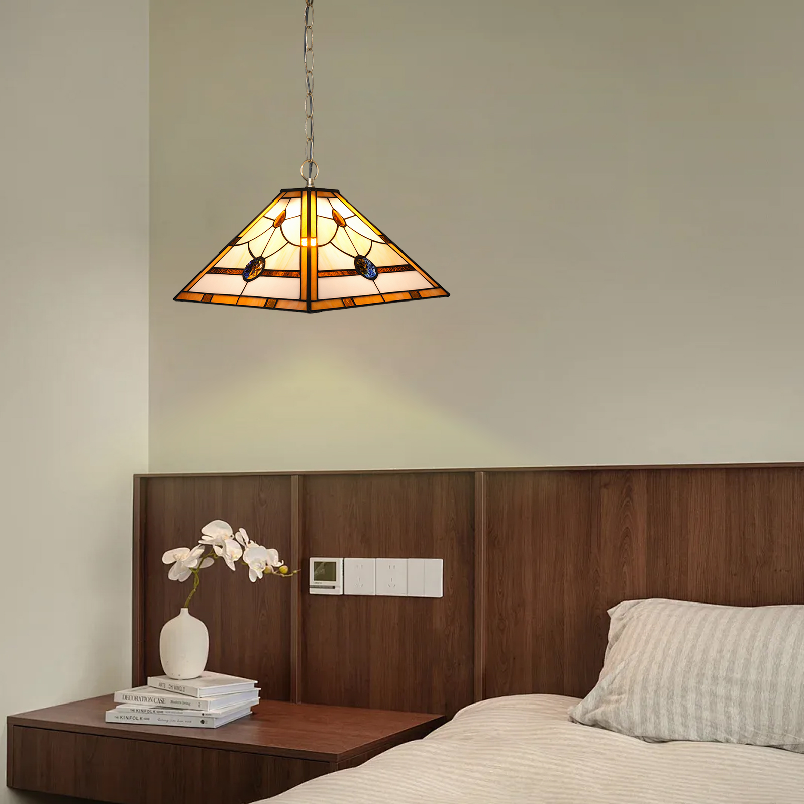 Blivuself Tiffany Style Handmade Creative Stained Glass Chandelier 16 Inch Rose Beads Square Lamp Bedroom Dormitory Living Room Dining Room Traditional Retro Style Home Decoration Classical Art OFP1415