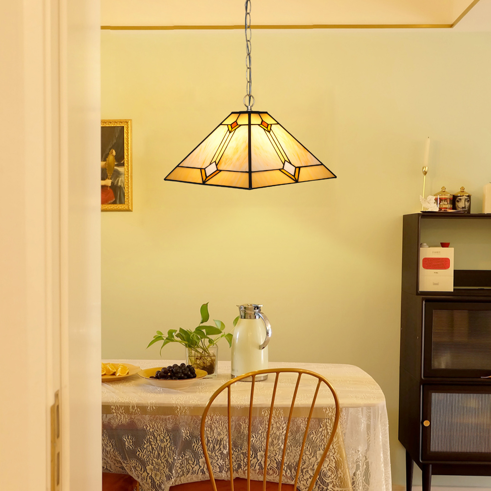 Blivuself Tiffany Style Handmade Creative Stained Glass Chandelier 16 Inches Warm Yellow Square Lamp Suitable For Bedroom Dormitory Living Room Dining Room Traditional Retro Style Home Decoration Classical Art OFP1413