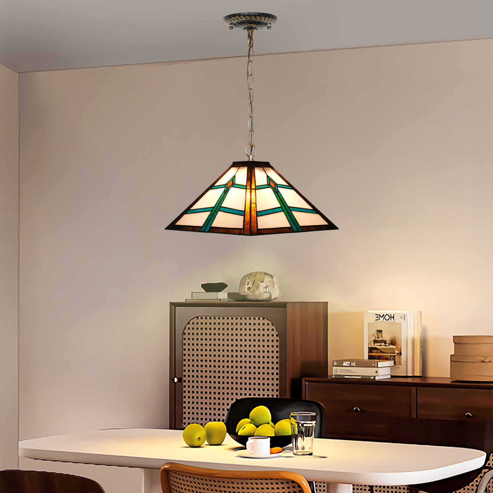 Blivuself Tiffany Style Handmade Creative Stained Glass Chandelier 16 Inch Green Square Lamp Suitable For Bedroom Dormitory Living Room Dining Room Traditional Retro Style Home Decoration Classical Art OFP1414