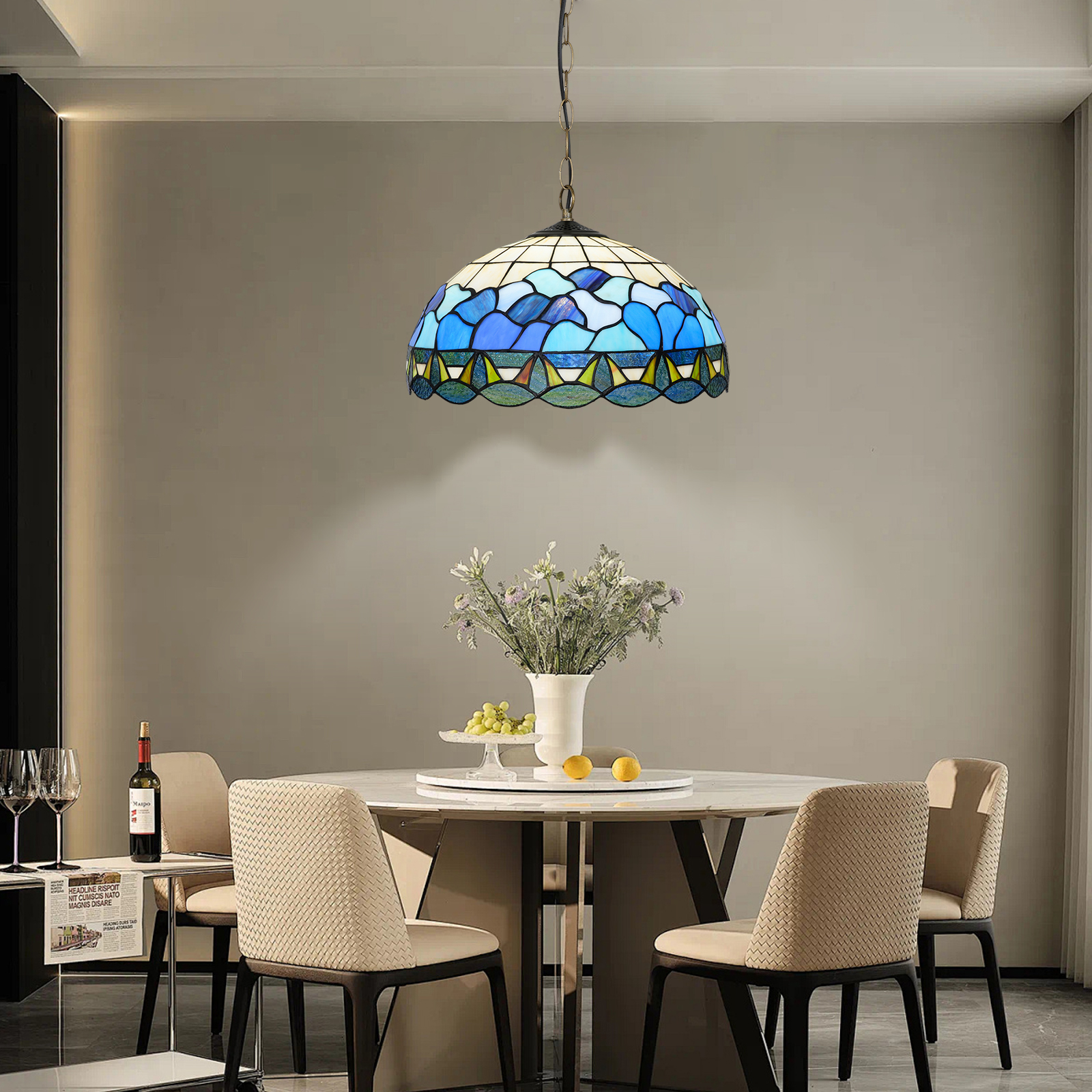 Blivuself Tiffany Style Handmade Creative Stained Glass Chandelier 16 Inches Blue And White Waves Adapted To Bedroom Dormitory Living Room Dining Room Traditional Retro Style Home Decoration Classical Art OFP1416