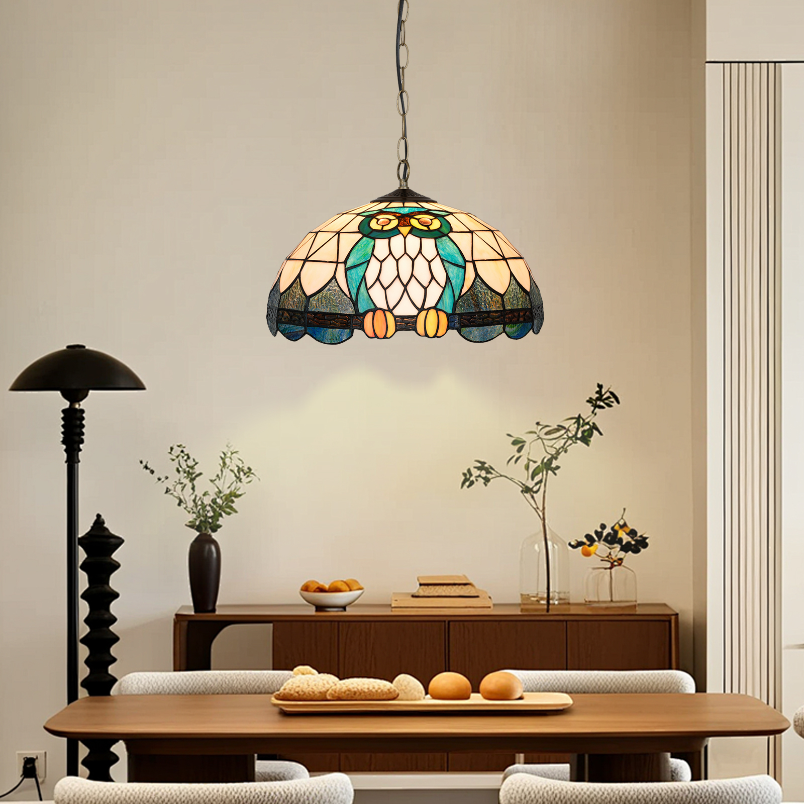 Blivuself Tiffany Style Handmade Creative Stained Glass Chandelier 16 Inch Owl Fit Bedroom Dormitory Living Room Dining Room Traditional Retro Style Home Decoration Classical Art Craft OFP1417