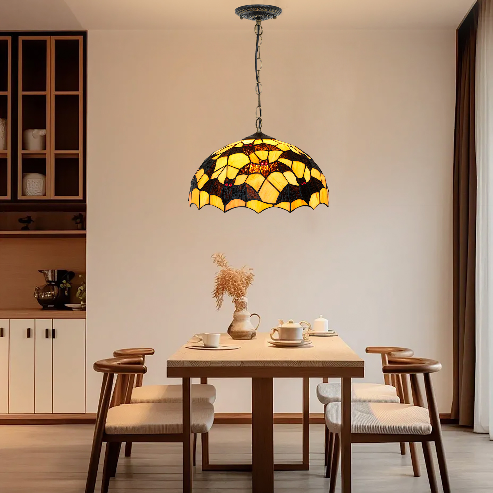 Blivuself Tiffany Style Handmade Creative Stained Glass Chandelier 16 Inch Yellow Bottom Bat Adaptation Bedroom Dormitory Living Room Dining Room Traditional Retro Style Home Decoration Classical Art Craft OFP1418