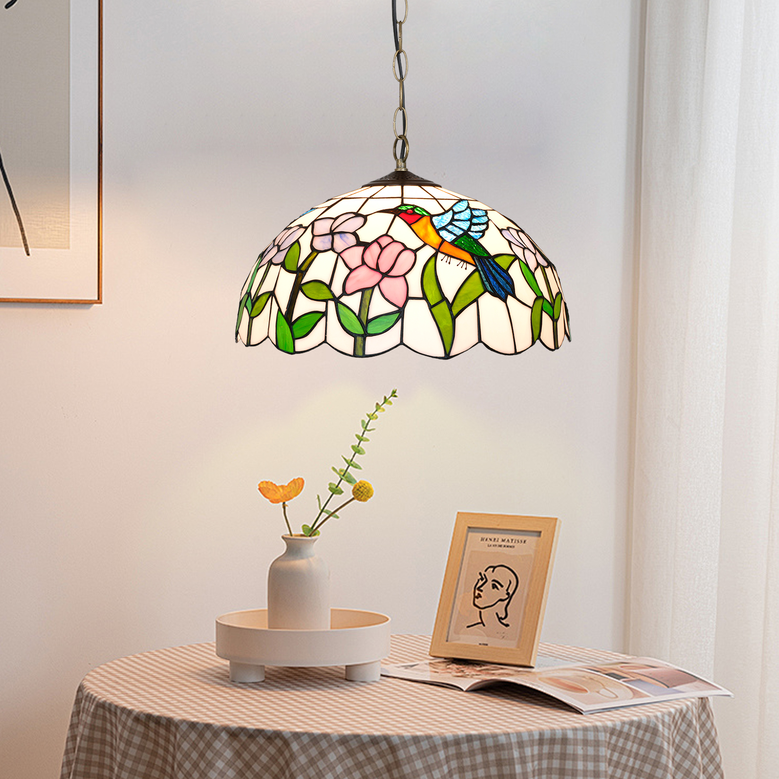 Blivuself Tiffany Style Handmade Creative Stained Glass Chandelier 16 Inch Blue Hummingbird Adaptation Bedroom Dormitory Living Room Dining Room Traditional Retro Style Home Decoration Classical Art Craft OFP1419