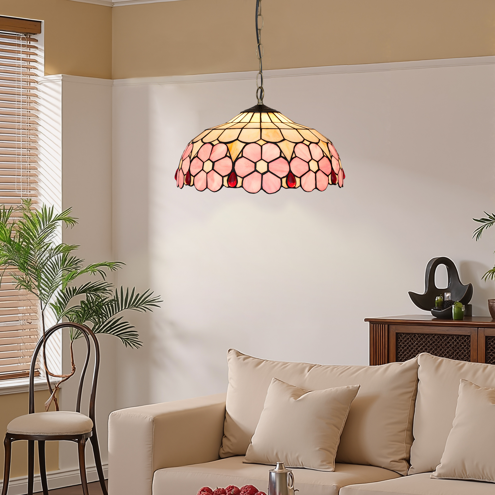 Blivuself Tiffany Style Handmade Creative Stained Glass Chandelier 16 Inch Pink Flowers Adapted To Bedroom Dormitory Living Room Dining Room Traditional Retro Style Home Decoration Classical Art Craft OFP1420