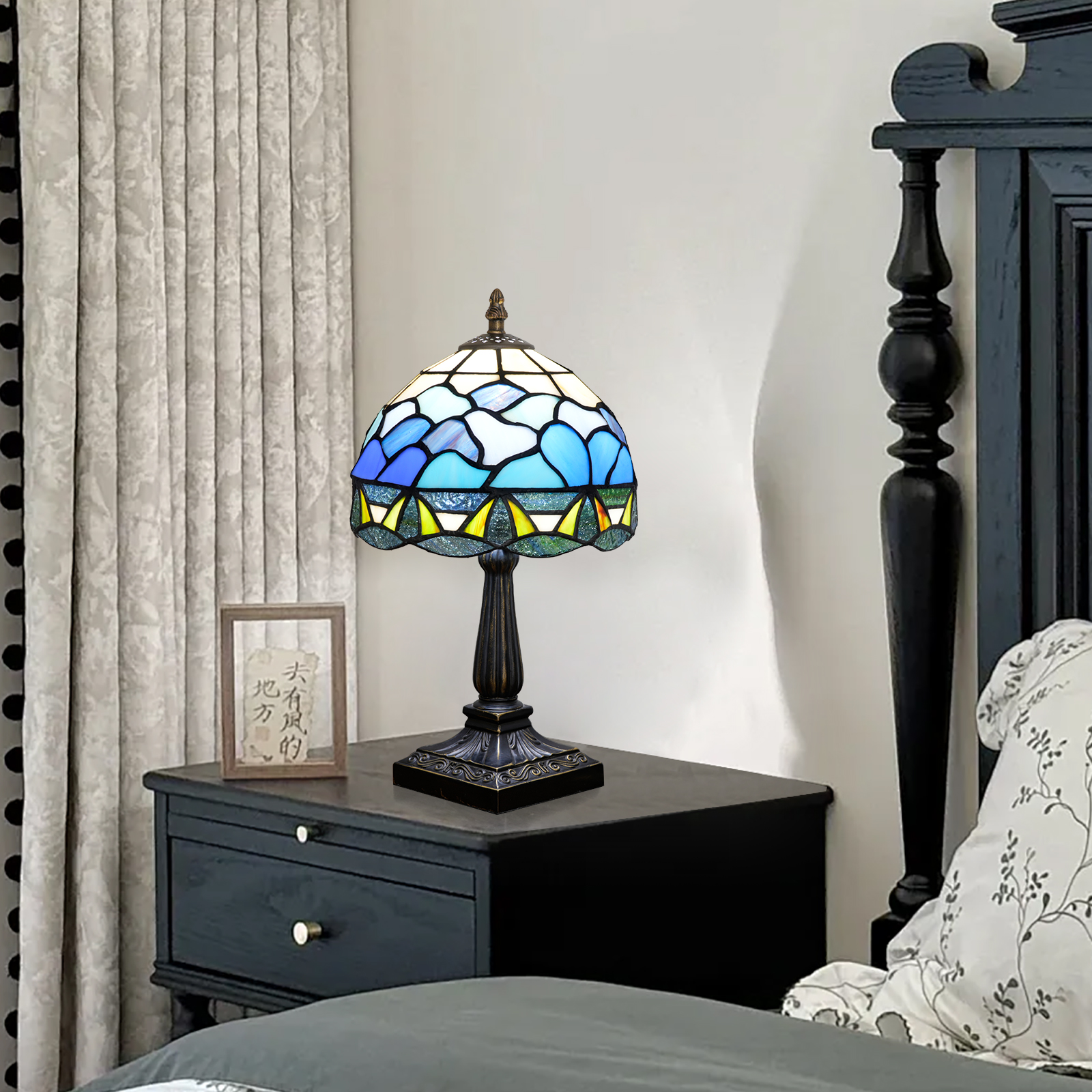 欧琈复古蒂芙尼风格彩色玻璃台灯8寸蓝云纹仿古树脂底座装饰床头夜灯卧室客厅家庭办公室<OFU1388>