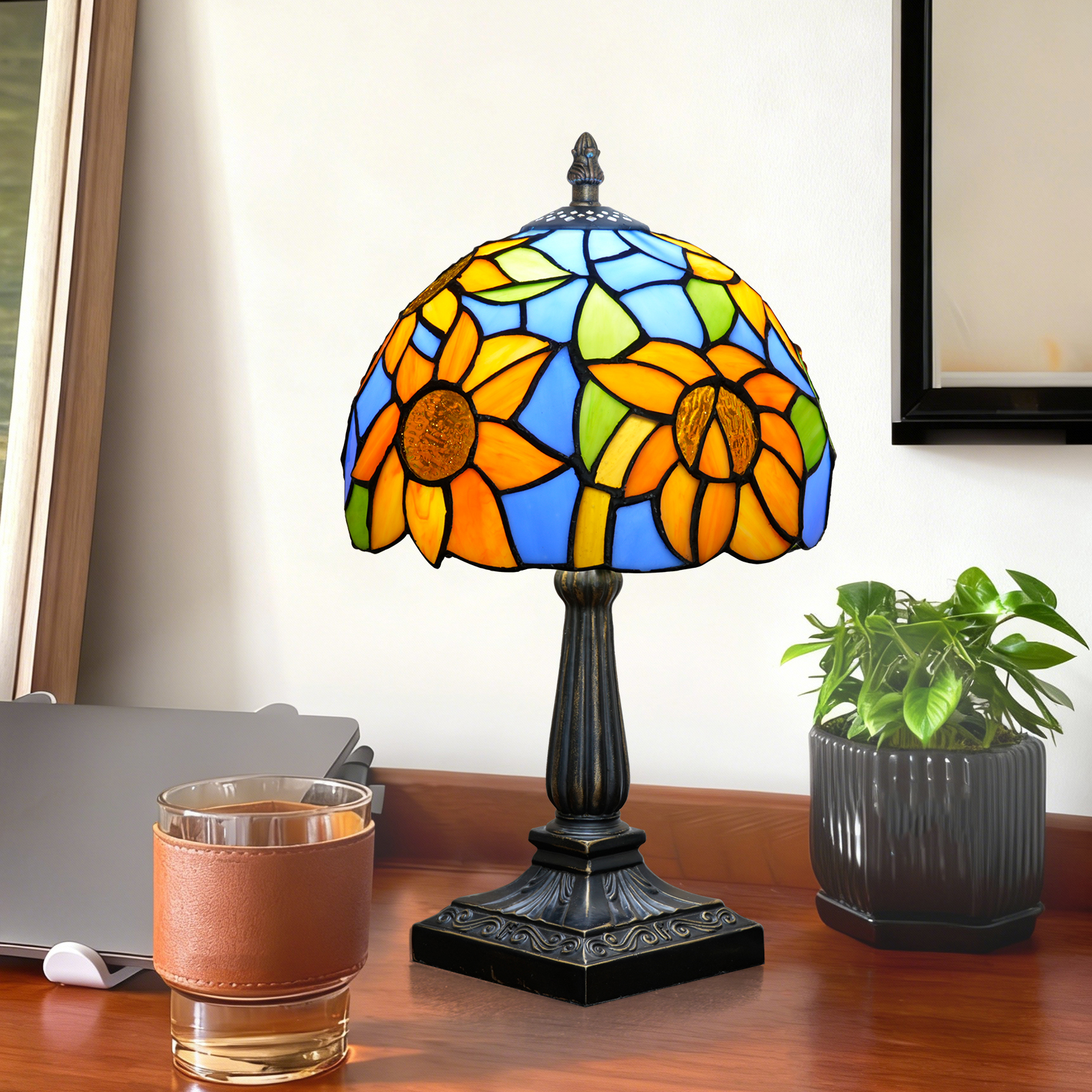 欧琈复古向日葵彩色玻璃台灯蒂芙尼风格手工焊接玻璃灯罩复古装饰床头灯用于农舍小屋波西米亚室内装饰<OFU1390>