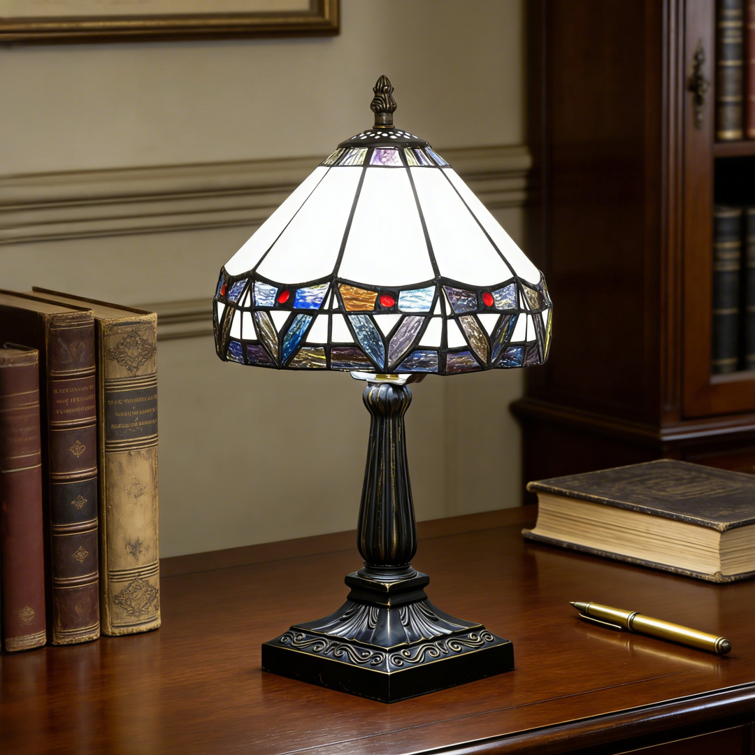欧琈复古罗马边框蒂芙尼风格彩色玻璃台灯，装饰艺术几何图案，带有五彩装饰的白色玻璃，学习阅读角的口音灯，复古工业家居装饰<OFU1392> 