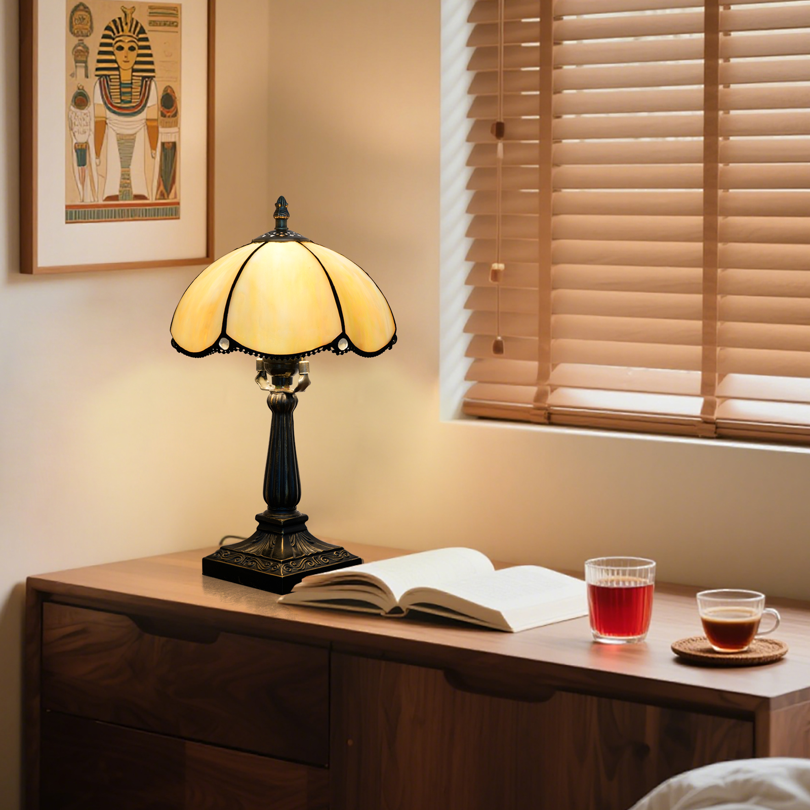 欧琈简约蒂芙尼风格奶油玻璃台灯，8英寸黑色装饰圆顶灯罩，复古树脂底座，优雅的床头、办公室和阅读角柔和发光<OFU1393>