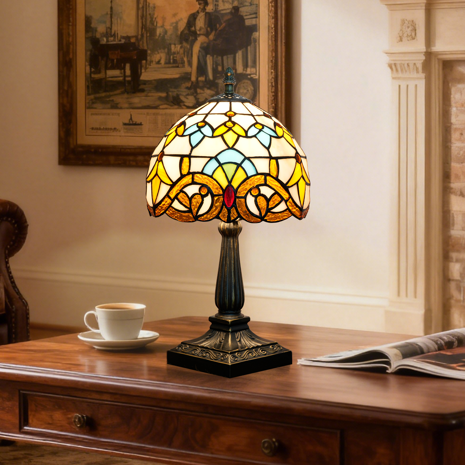 欧琈黄色巴洛克蒂芙尼风格彩色玻璃台灯华丽的装饰艺术口音灯，复古树脂底座，用于优雅的家庭办公室装饰<OFU1394>