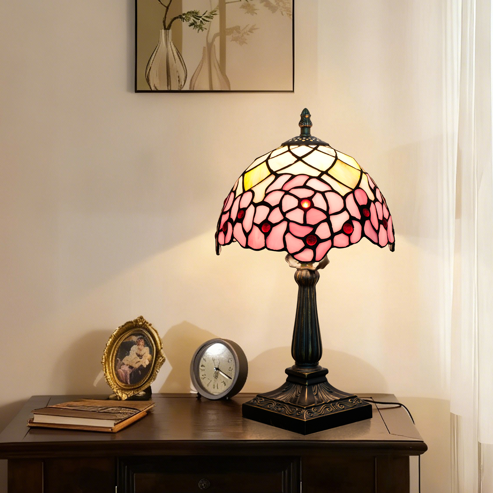 欧琈粉色樱花蒂芙尼风格彩色玻璃台灯浪漫花卉口音灯，灯罩宽度为20厘米/8英寸。复古树脂底座，卧室客厅温馨环境灯家居装饰<OFU1395>