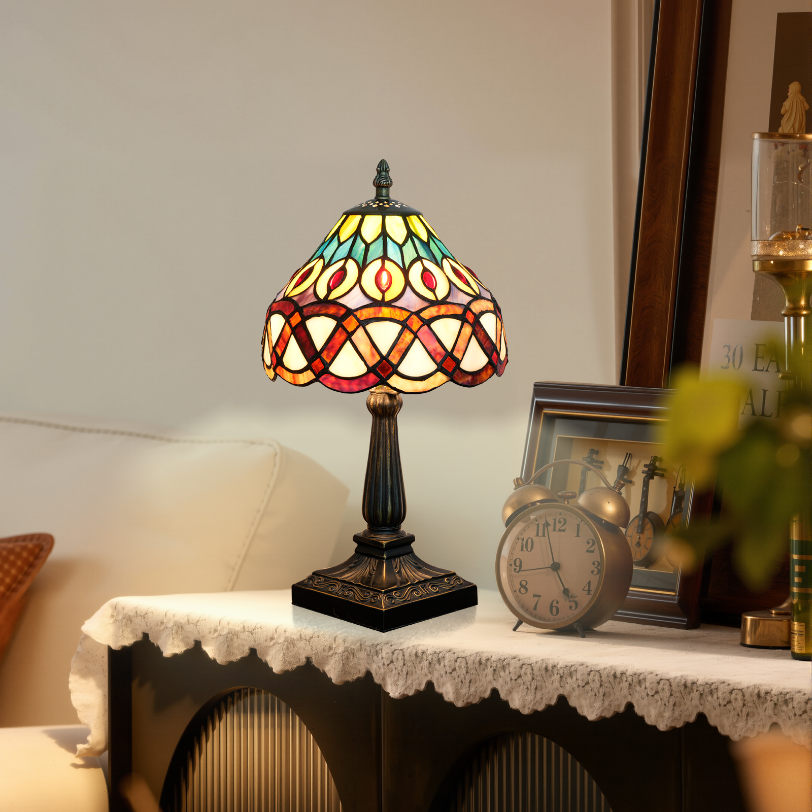 欧琈蒂凡尼风格彩色玻璃台灯华丽的装饰艺术口音灯灯罩宽度为20厘米/8英寸多色玻璃灯罩，客厅卧室仿古树脂底座家居装饰优雅家居办公室装饰<OFU1398>