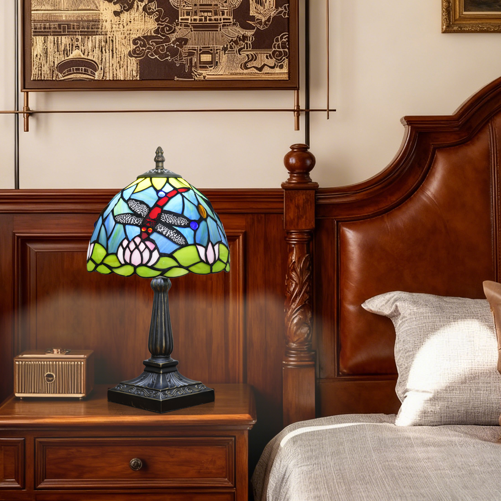 欧琈蜻蜓和莲花蒂芙尼风格彩色玻璃台灯具有自然风格的装饰灯罩，宽 20 厘米/8 英寸，适用于卧室或客厅的自然风格装饰灯<OFU1399>