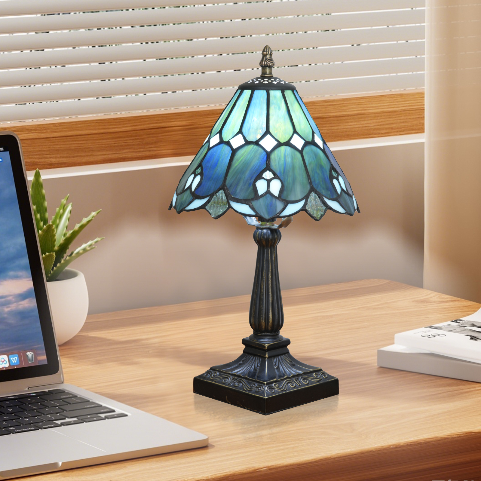 欧琈蓝色伞形蒂芙尼彩色玻璃台灯，海洋灵感锥形口音灯罩20 cm/8英寸宽复古青铜底座，用于宁静环境照明装饰<OFU1401>