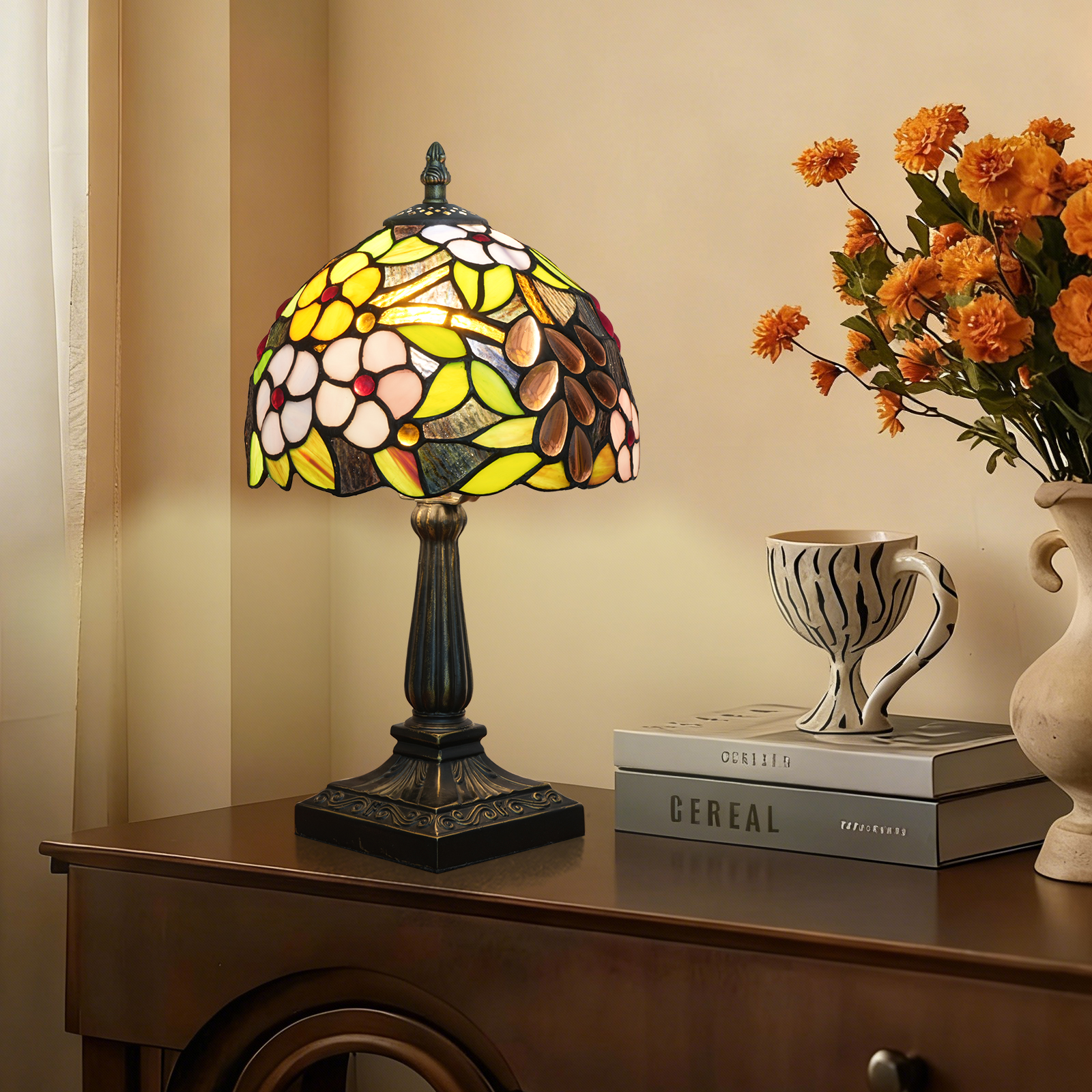 欧琈花卉蒂芙尼风格台灯，8英寸彩色玻璃花罩，14.4英寸卧室复古装饰灯适用于卧室客厅餐厅温馨家居氛围<OFU1403>