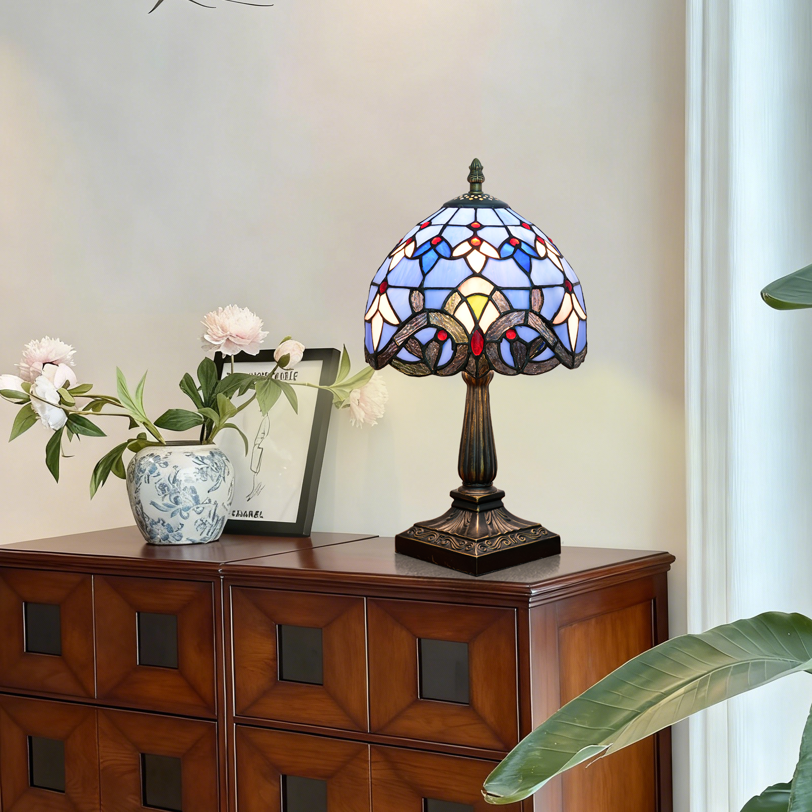 欧琈蓝色巴洛克蒂芙尼台灯8寸彩色玻璃灯罩14.4寸复古装饰灯适合卧室客厅餐厅温馨家居氛围<OFU1404>