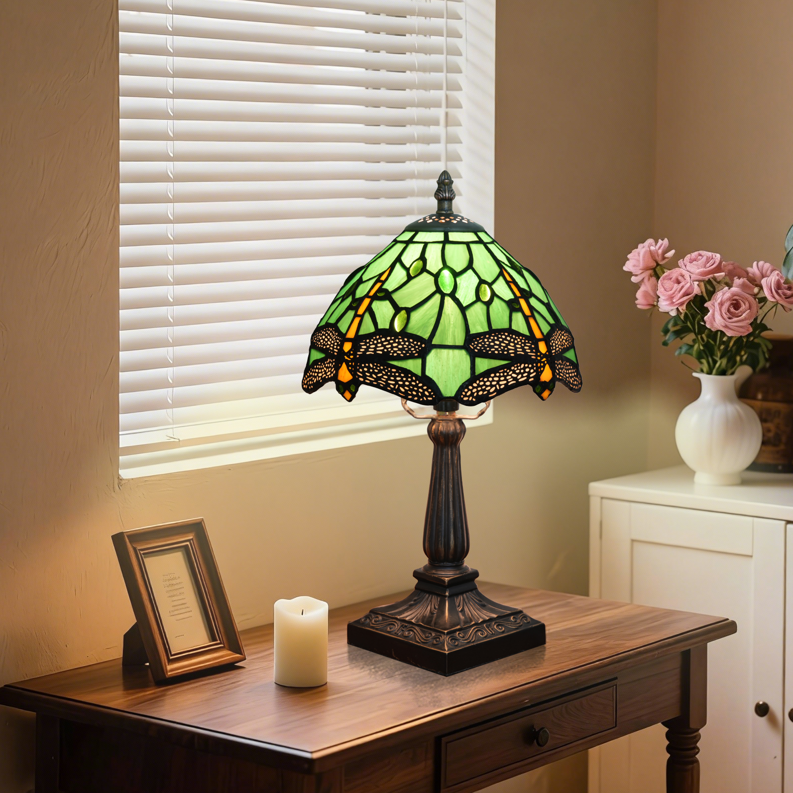 欧琈绿蜻蜓蒂芙尼风格灯8英寸手工彩色玻璃台灯复古口音灯卧室客厅家庭办公室<OFU1406>