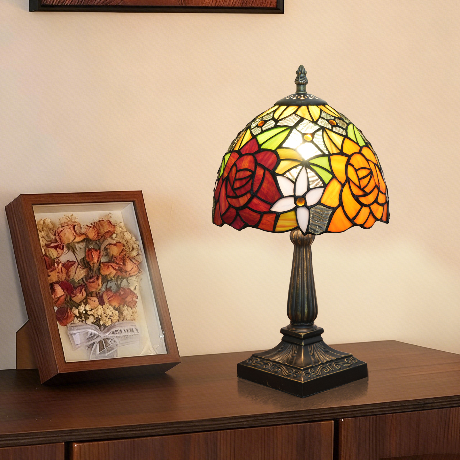 欧琈红橙玫瑰蒂芙尼风格台灯，8英寸手工制作花卉彩色玻璃灯罩，配有古董青铜底座，卧室客厅复古装饰灯<OFU1407>