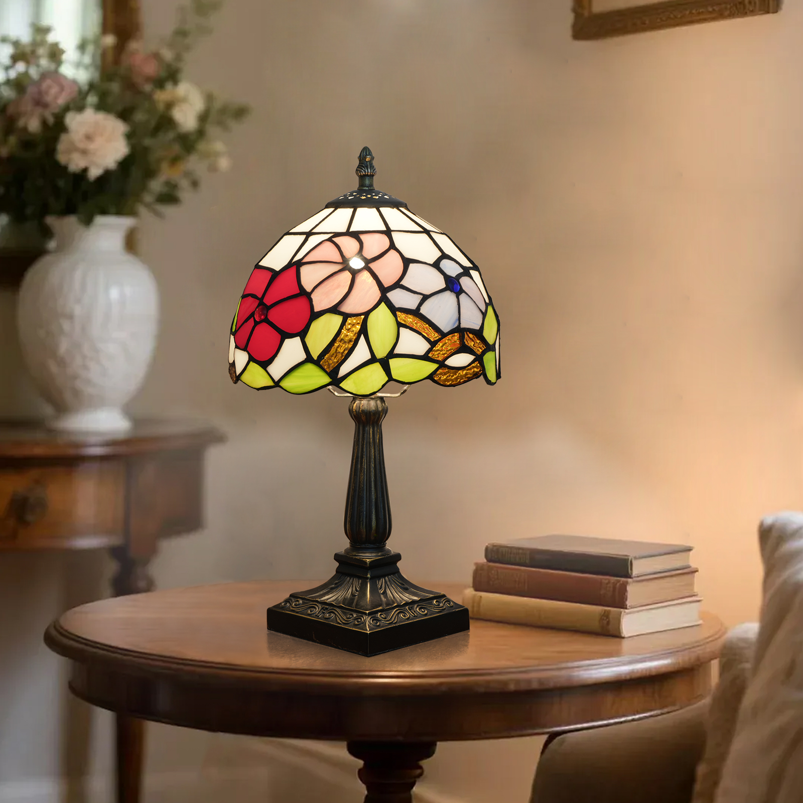 欧琈多色牵牛花蒂芙尼风格台灯，8英寸花卉彩色玻璃灯罩，配有古董青铜底座，卧室客厅复古装饰灯<OFU1401>
