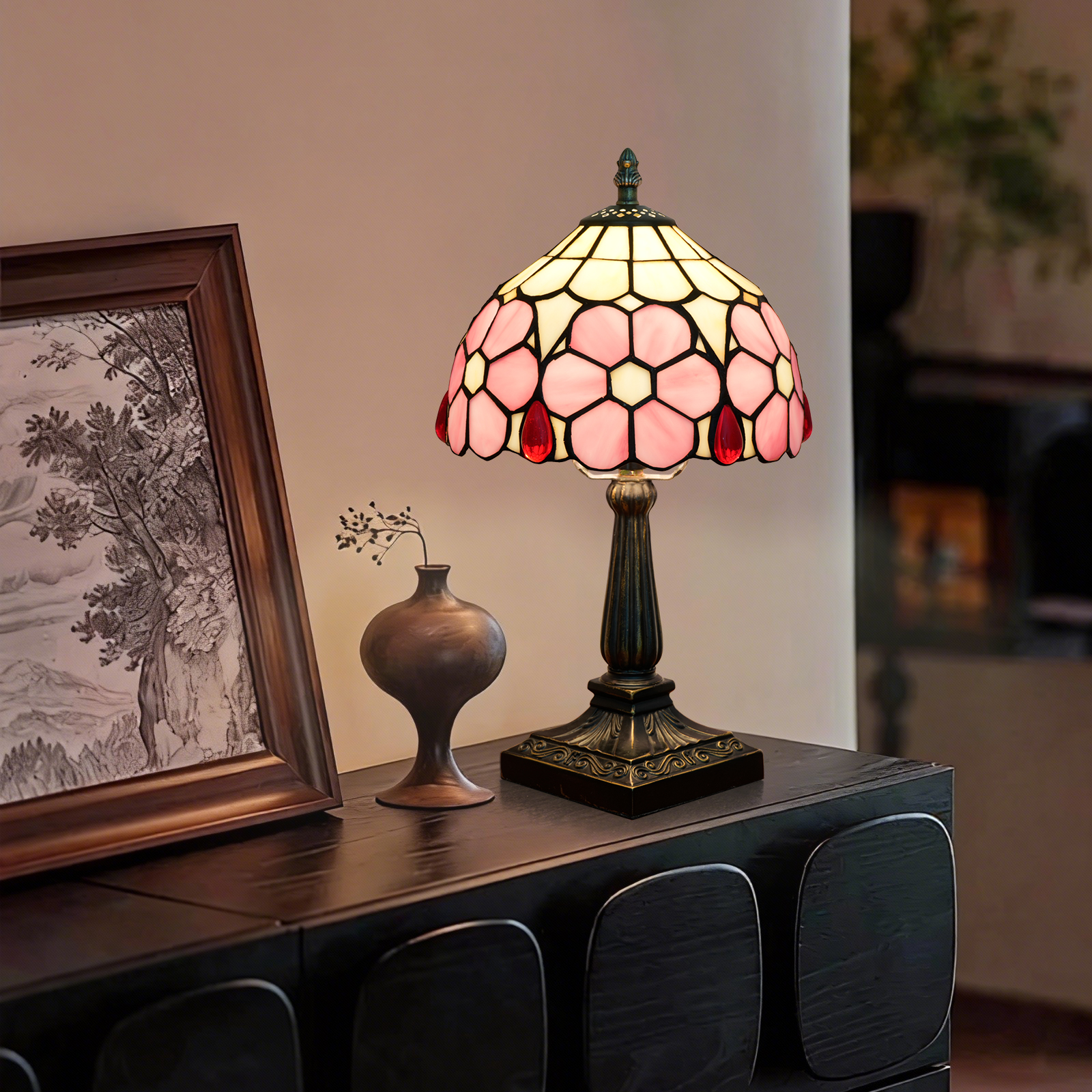 欧琈粉色花卉蒂芙尼风格台灯，8英寸彩色玻璃花罩，带古董青铜底座，卧室客厅复古装饰灯<OFU1411>