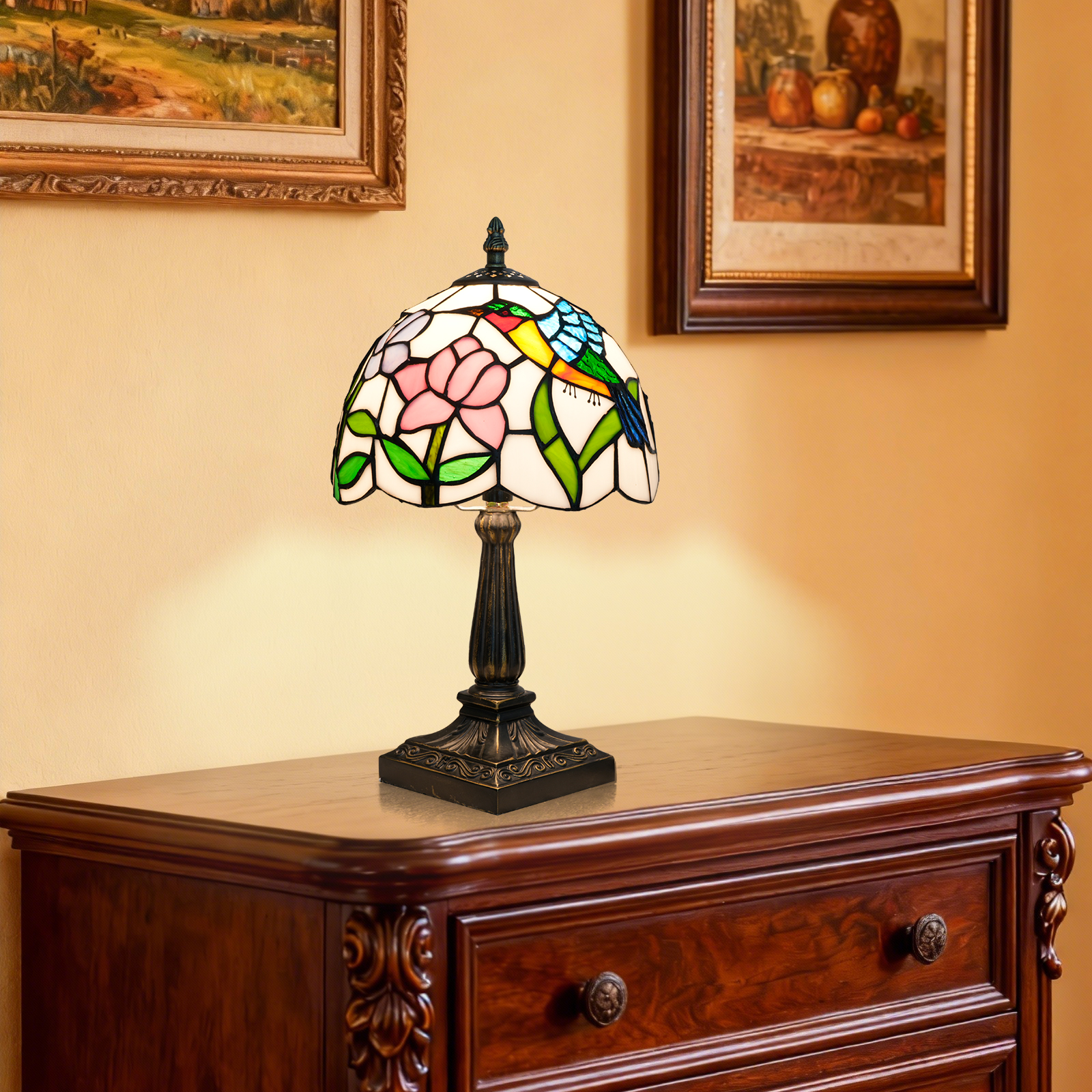 欧琈蜂鸟花卉蒂芙尼风格台灯8寸彩色玻璃灯适用于卧室客厅餐厅甜美的家居氛围<OFU1415>