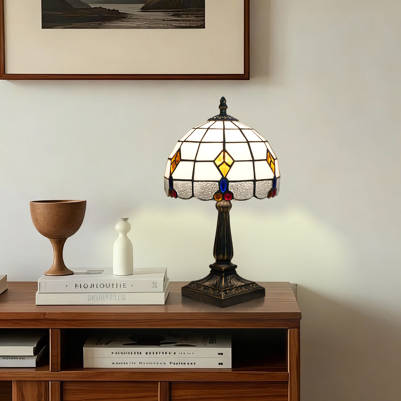 欧琈装饰艺术蒂芙尼彩色玻璃台灯，8英寸白色网格图案，多色珠子，用于家居装饰的复古装饰灯<OFU1416>