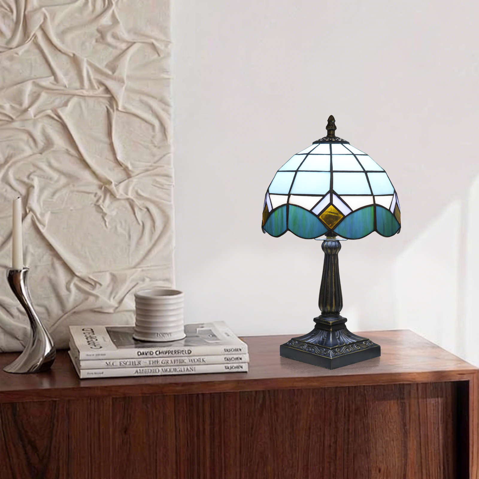 欧琈装饰艺术蒂芙尼彩色玻璃台灯8英寸蓝色和青色图案复古海岸风格灯，用于家居装饰<OFU1417>