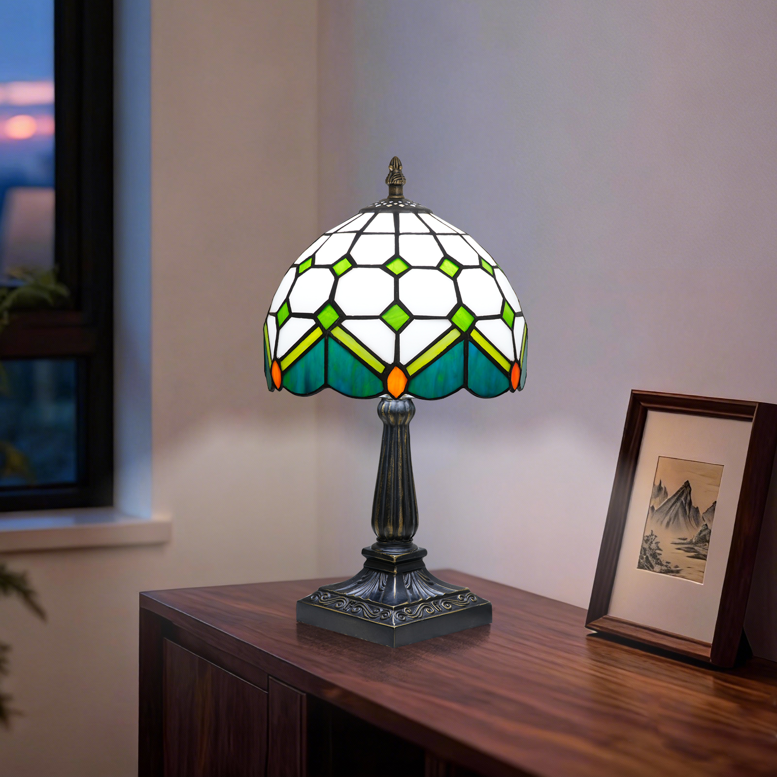 欧琈复古蒂芙尼彩色玻璃台灯8英寸几何图案，带有青色、绿色和橙色口音彩色装饰灯<OFU1419>
