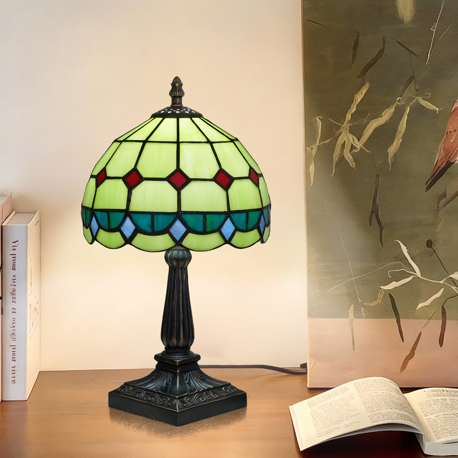 欧琈浅绿色几何蒂芙尼台灯8英寸彩色玻璃灯罩，带有彩色宝石口音卧室客厅复古装饰灯<OFU1420>