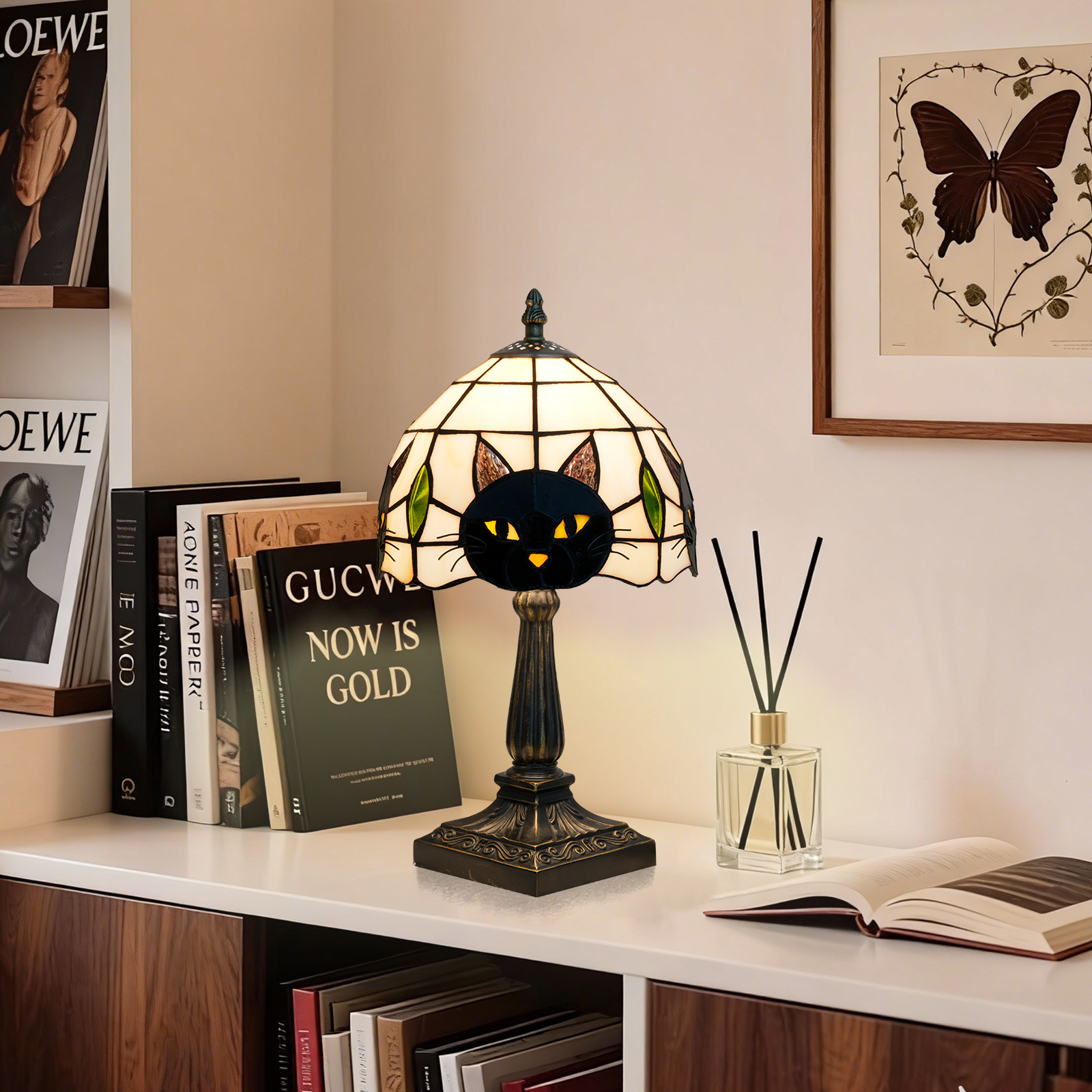 欧琈黑猫蒂凡尼台灯8寸奶油色彩色玻璃灯罩带黑色猫咪适合卧室客厅餐厅温馨家居氛围<OFU1421>