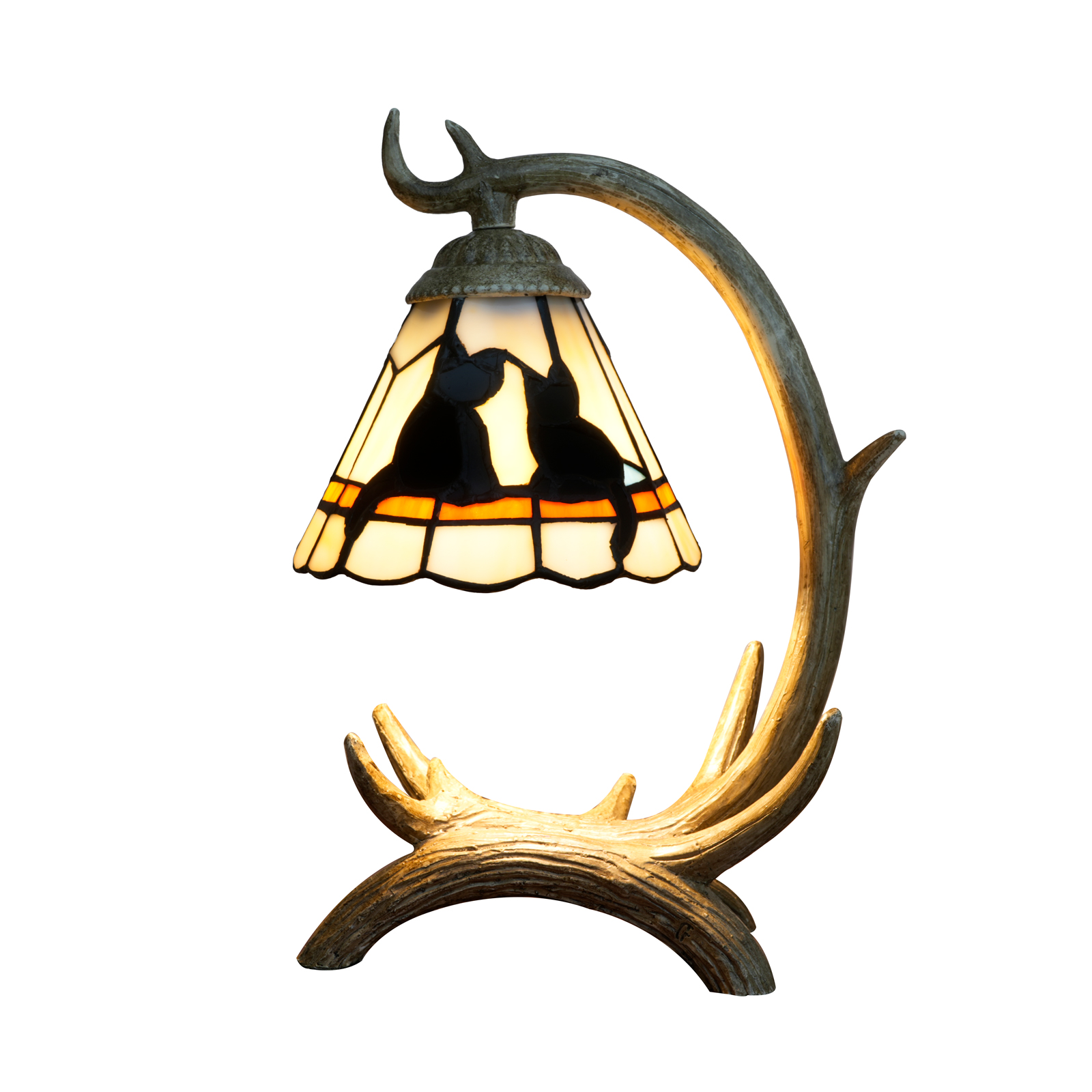 Blivuself Faux Antler Base Tiffany Table Lamp, Stained Glass Shade with Cat Silhouette, Rustic Farmhouse Nightstand Lamp, Vintage Accent Mood Lighting for Bedroom Living Room Cabin Home Decor, Pet Lover Gift<OFU1448>