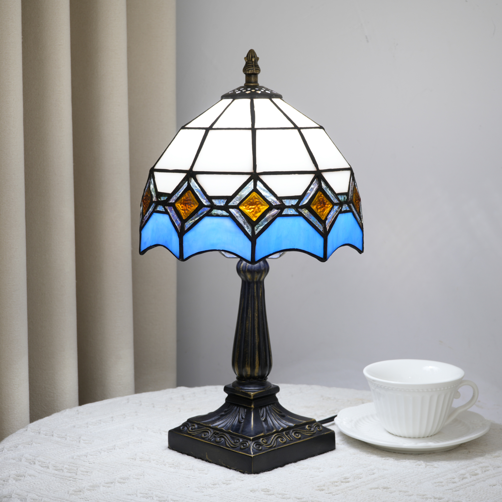 Blivuself Tiffany Style Stained Glass Table Lamp, 8 Inch Blue & Amber Art Deco Bedside Light, Vintage Victorian Nightstand Lamp With Antique Bronze Base For Bedroom, Living Room, Home Office Decor OFU1426