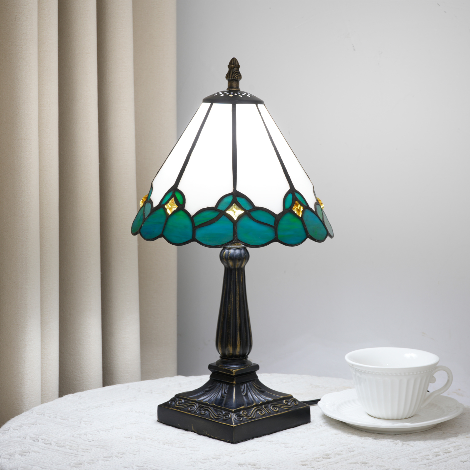 Blivuself Tiffany Style Stained Glass Table Lamp, 8 Inch White & Teal Blue Art Deco Bedside Light, Vintage Nightstand Lamp with Antique Bronze Base for Bedroom, Living Room, Home Office Decor OFU1427