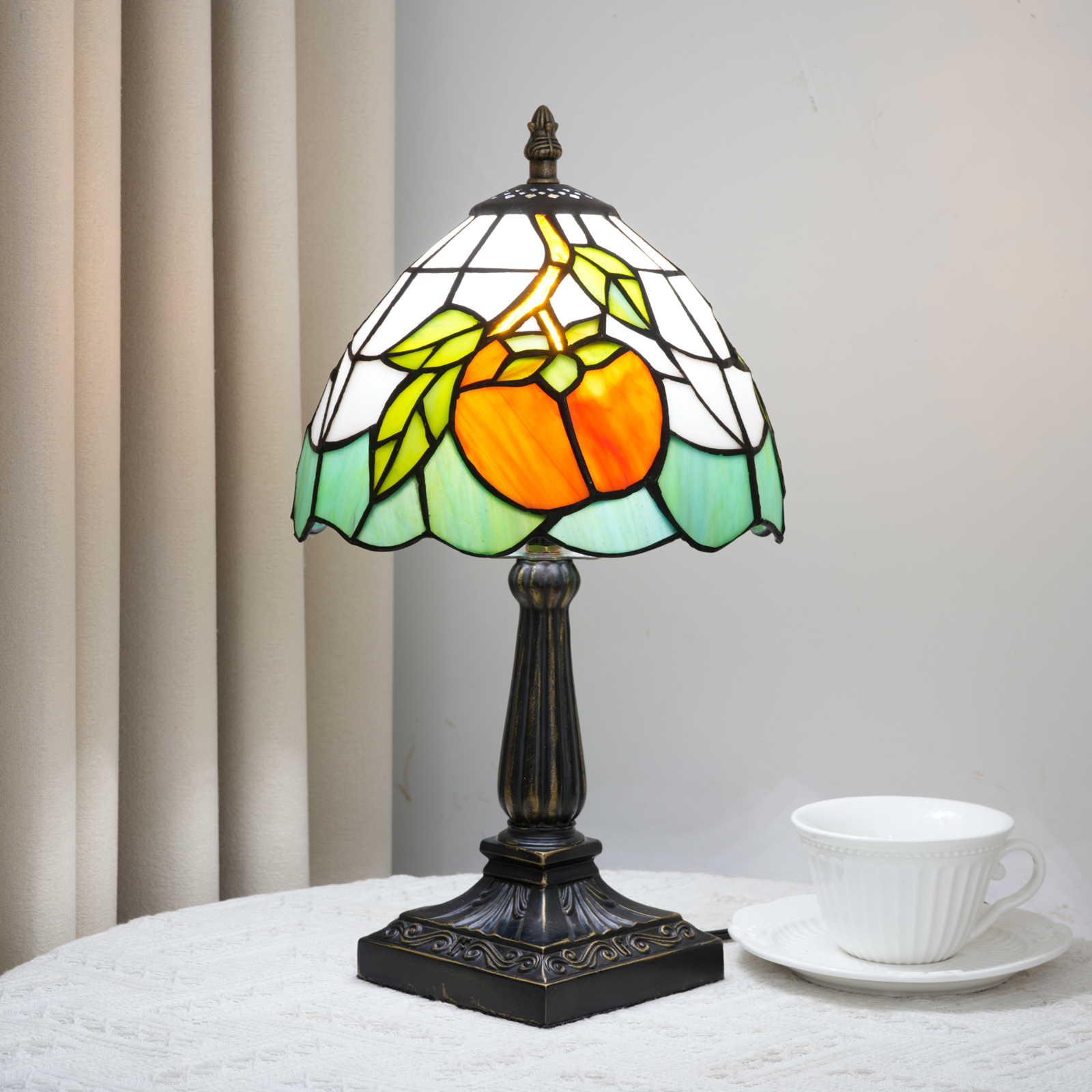 Blivuself Orange Persimmon Stained Glass Tiffany Table Lamp, Handcrafted Whimsical Fruit Design, Small Vintage Nightstand Light with Bronze Base for Bedroom, Reading Nook, and Farmhouse Home Decor OFU1429