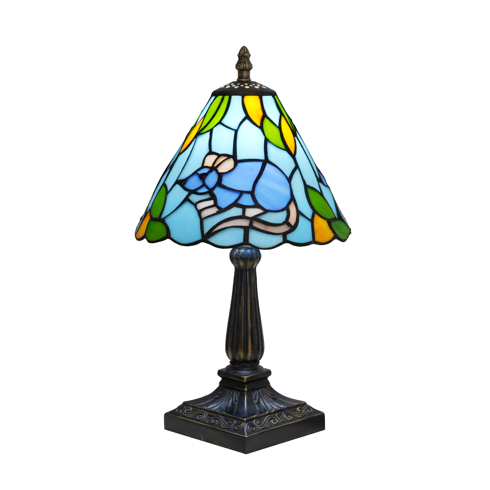 Blivuself Mouse Tiffany Style Stained Glass Table Lamp, 8 Inch Blue Animal Themed Bedside Light, Vintage Whimsical Nightstand Lamp with Antique Bronze Base for Bedroom, Living Room, Home Office Decor OFU1435