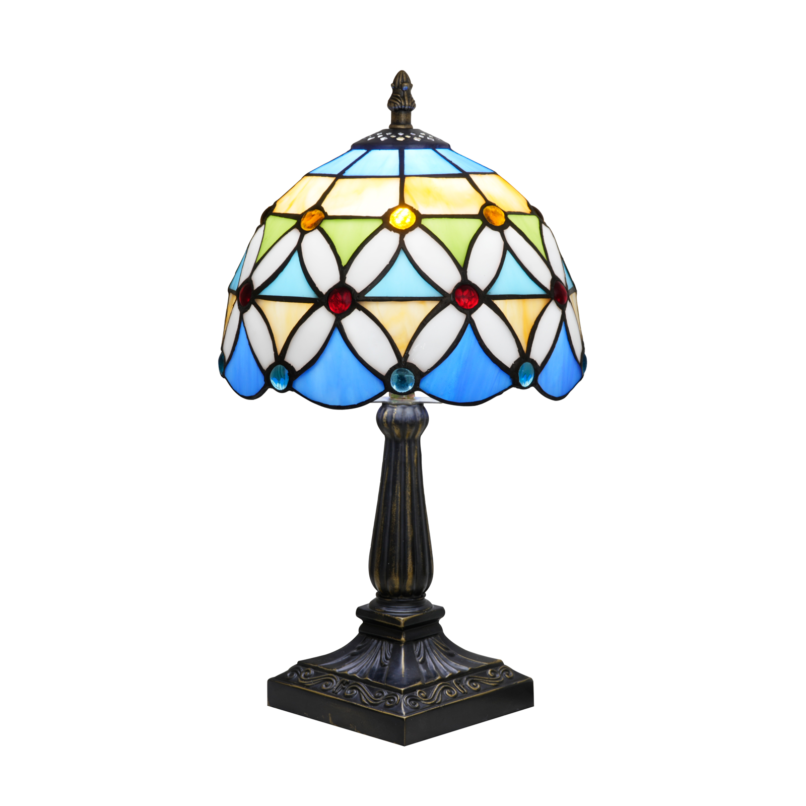Blivuself Tiffany Style Multicolor Geometric Stained Glass Lamp, Handmade Blue, Yellow & Green Shade, Antique Bronze Base, Retro Bedside Lamp for Art Deco Bedroom, Living Room, and Cottage Decor OFU1437