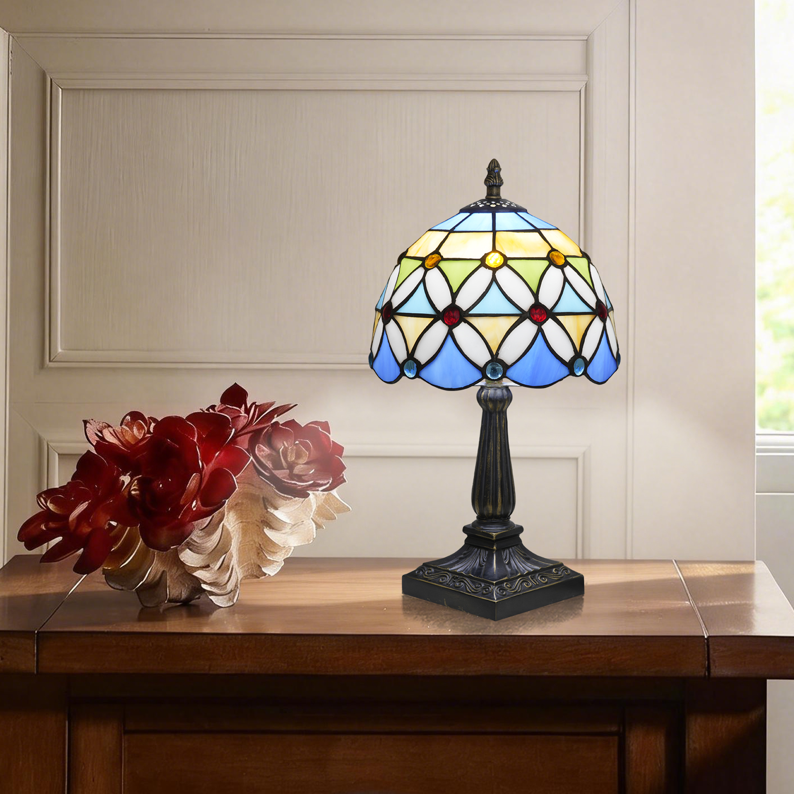 Blivuself Tiffany Style Multicolor Geometric Stained Glass Lamp, Handmade Blue, Yellow & Green Shade, Antique Bronze Base, Retro Bedside Lamp for Art Deco Bedroom, Living Room, and Cottage Decor OFU1437