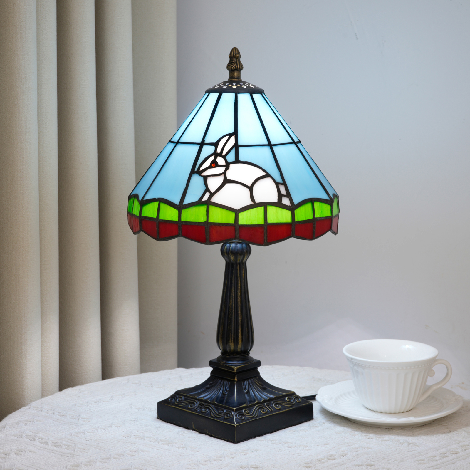 Blivuself Rabbit Tiffany Style Stained Glass Table Lamp, 8 Inch Blue Animal Themed Bedside Light, Vintage Whimsical Nightstand Lamp with Antique Bronze Base for Bedroom, Living Room, Home Office Decor OFU1438