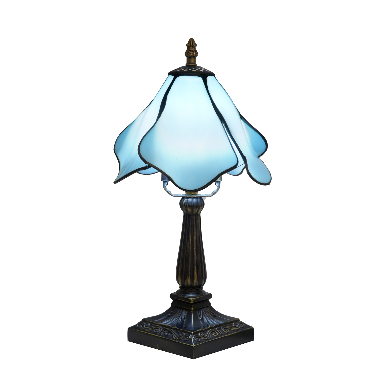 Blivuself Small Light Blue Lotus Tiffany Style Stained Glass Table Lamp, 8 Inch Floral Nightstand Light, Vintage Boho Decorative Lamp for Bedroom, Living Room, Apartment, and Home Office OFU1441