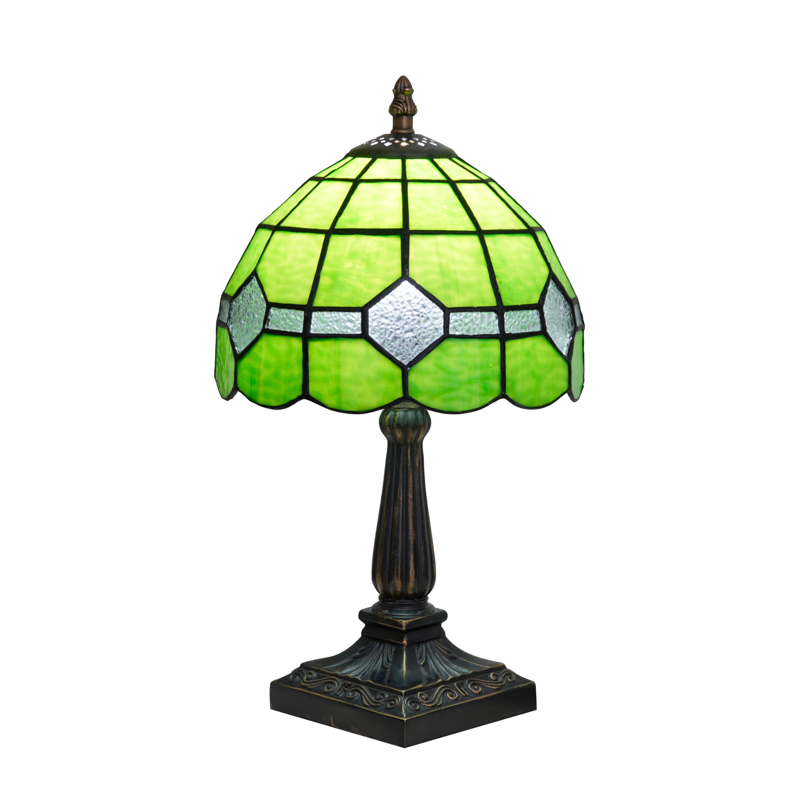 Blivuself Green Geometric Tiffany Style Stained Glass Table Lamp, 8 Inch Art Deco Bedside Light, Vintage Nightstand Lamp with Antique Bronze Base for Bedroom, Living Room, Home Office Decor OFU1442