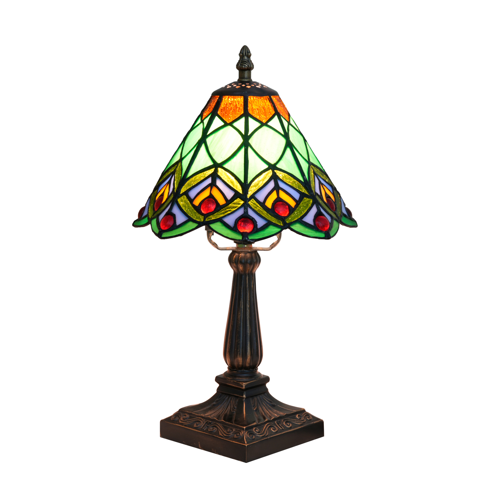 Blivuself Multicolor Art Deco Tiffany Style Stained Glass Table Lamp, 8 Inch Green & Orange Bedside Light, Vintage Jeweled Nightstand Lamp with Antique Bronze Base for Bedroom, Living Room, Home Office Decor OFU1443