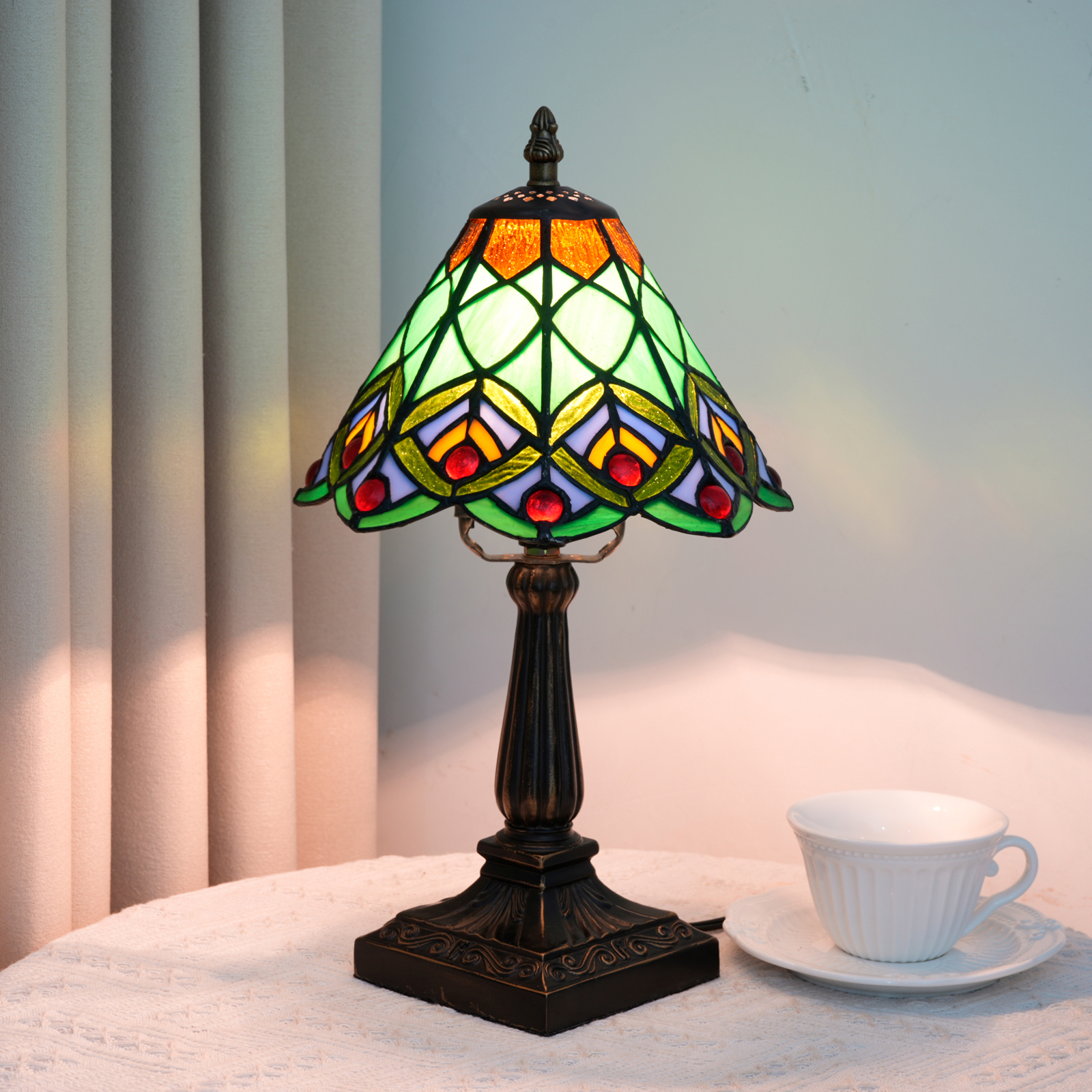 Blivuself Multicolor Art Deco Tiffany Style Stained Glass Table Lamp, 8 Inch Green & Orange Bedside Light, Vintage Jeweled Nightstand Lamp with Antique Bronze Base for Bedroom, Living Room, Home Office Decor OFU1443