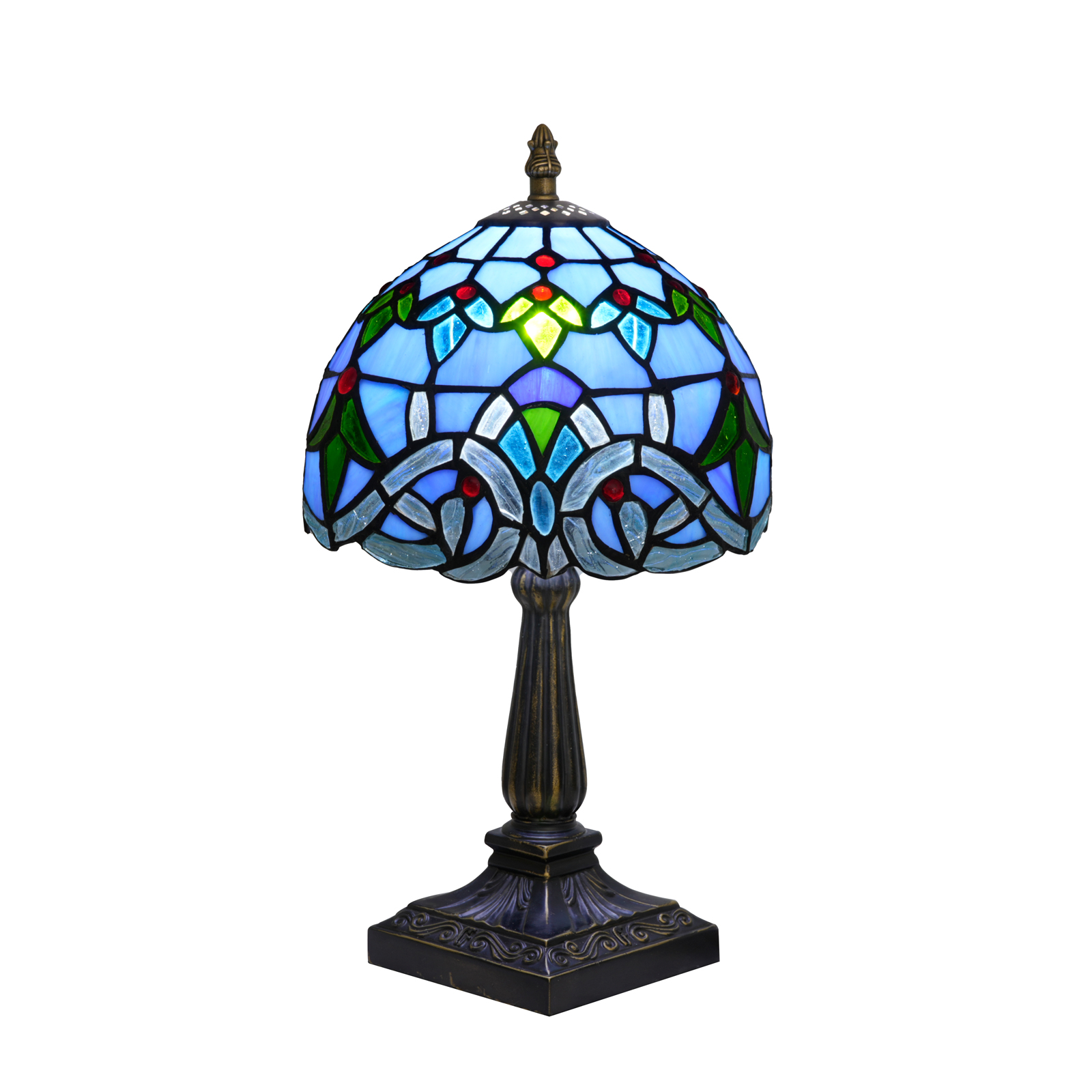 Blivuself Blue Floral Tiffany Style Stained Glass Table Lamp, 8 Inch Art Deco Bedside Light, Vintage Jeweled Nightstand Lamp with Antique Bronze Base for Bedroom, Living Room, Home Office Decor OFU1444