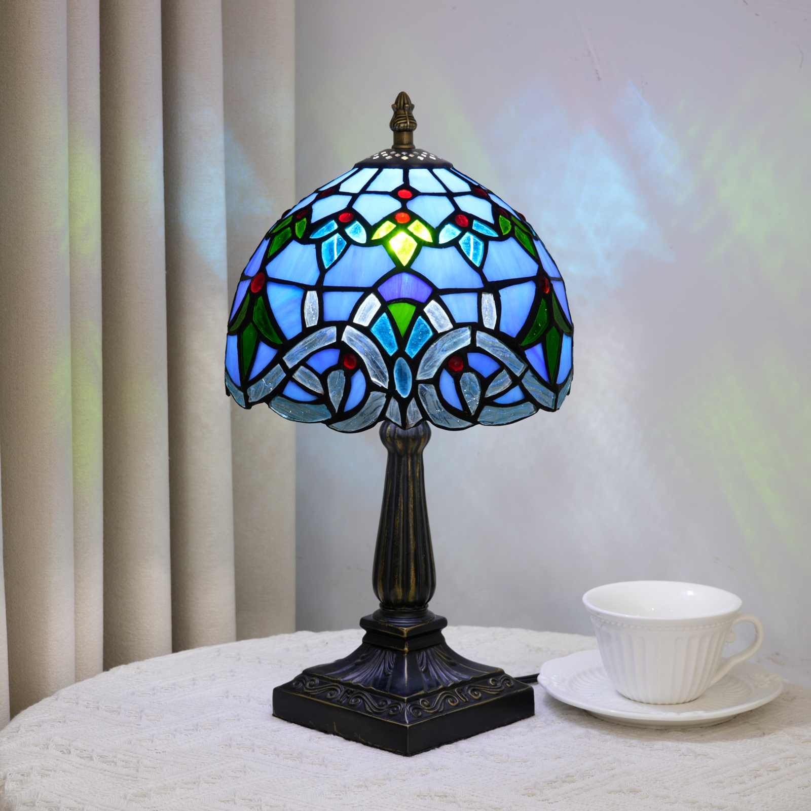 Blivuself Blue Floral Tiffany Style Stained Glass Table Lamp, 8 Inch Art Deco Bedside Light, Vintage Jeweled Nightstand Lamp with Antique Bronze Base for Bedroom, Living Room, Home Office Decor OFU1444