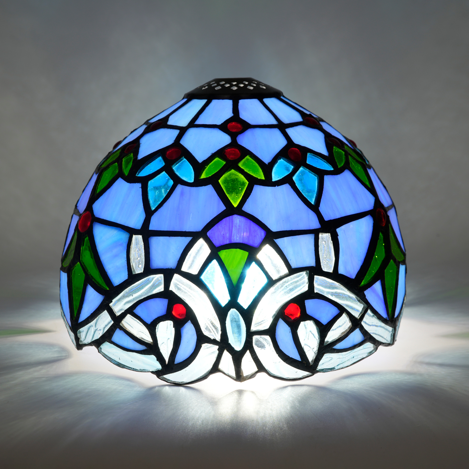 Blivuself Tiffany Style Stained Glass Replacement Lampshade, 8 Inch Blue Green Art Deco Geometric Pattern Shade with Red Jewels, Handcrafted Vintage Lamp Cover for Table and Pendant Lights DZ08091X