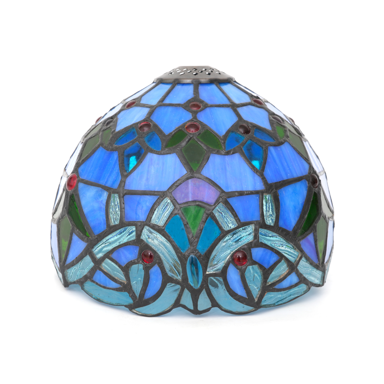 Blivuself Tiffany Style Stained Glass Replacement Lampshade, 8 Inch Blue Green Art Deco Geometric Pattern Shade with Red Jewels, Handcrafted Vintage Lamp Cover for Table and Pendant Lights DZ08091X