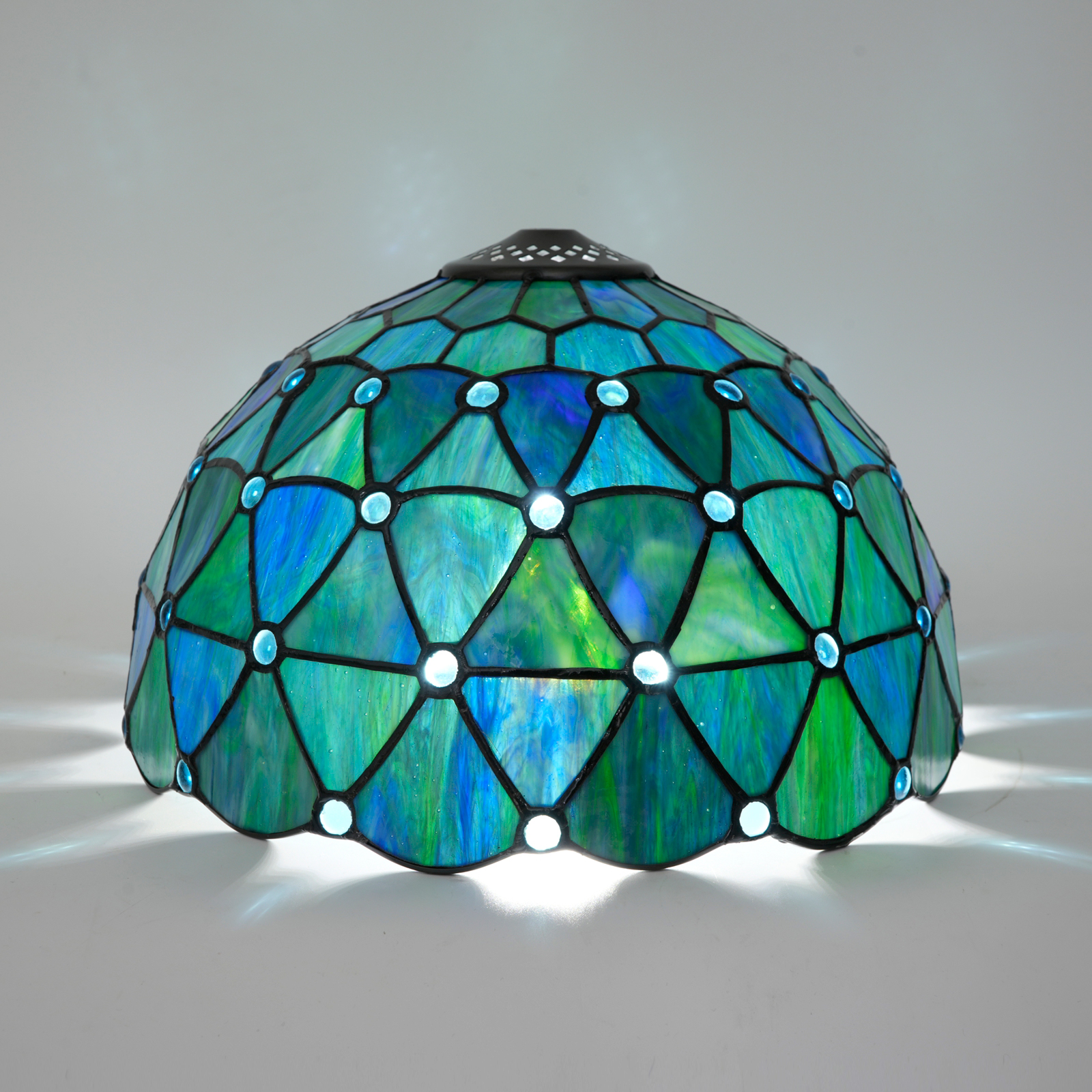 Blivuself Tiffany Style Stained Glass Lampshade, 12 Inch Blue Green Geometric Pattern with Jewels, Handcrafted Art Deco Replacement Shade for Table and Pendant Lights, Home Decor DZ12050X