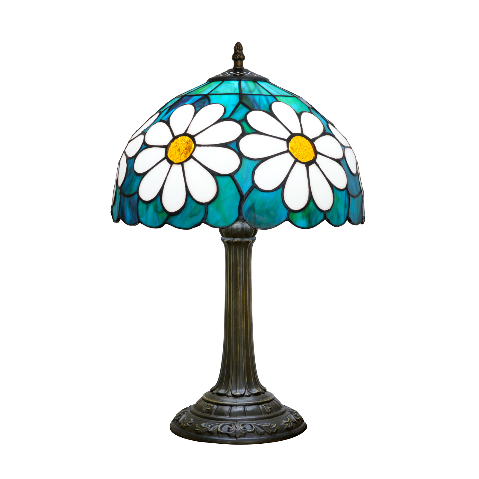 Blivuself Vintage Blue Daisy Tiffany Table Lamp, 12 Inch Handcrafted Stained Glass Floral Nightstand Lamp with Antique Bronze Finish Aluminium Alloy Base, Nature Inspired Bedside Light for Bedroom, Living Room, Office, Home Decor OFT1398