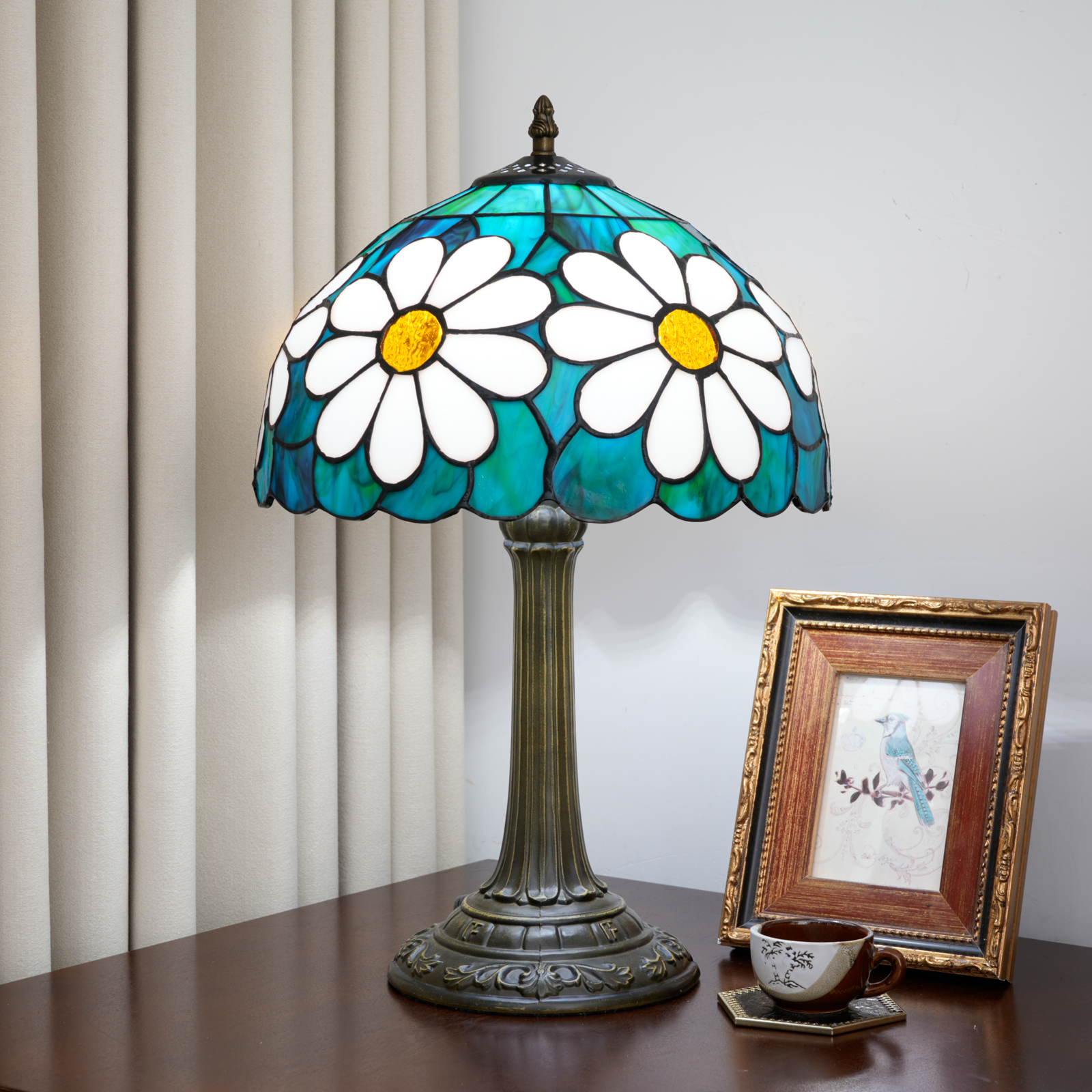 Blivuself Vintage Blue Daisy Tiffany Table Lamp, 12 Inch Handcrafted Stained Glass Floral Nightstand Lamp with Antique Bronze Finish Aluminium Alloy Base, Nature Inspired Bedside Light for Bedroom, Living Room, Office, Home Decor OFT1398