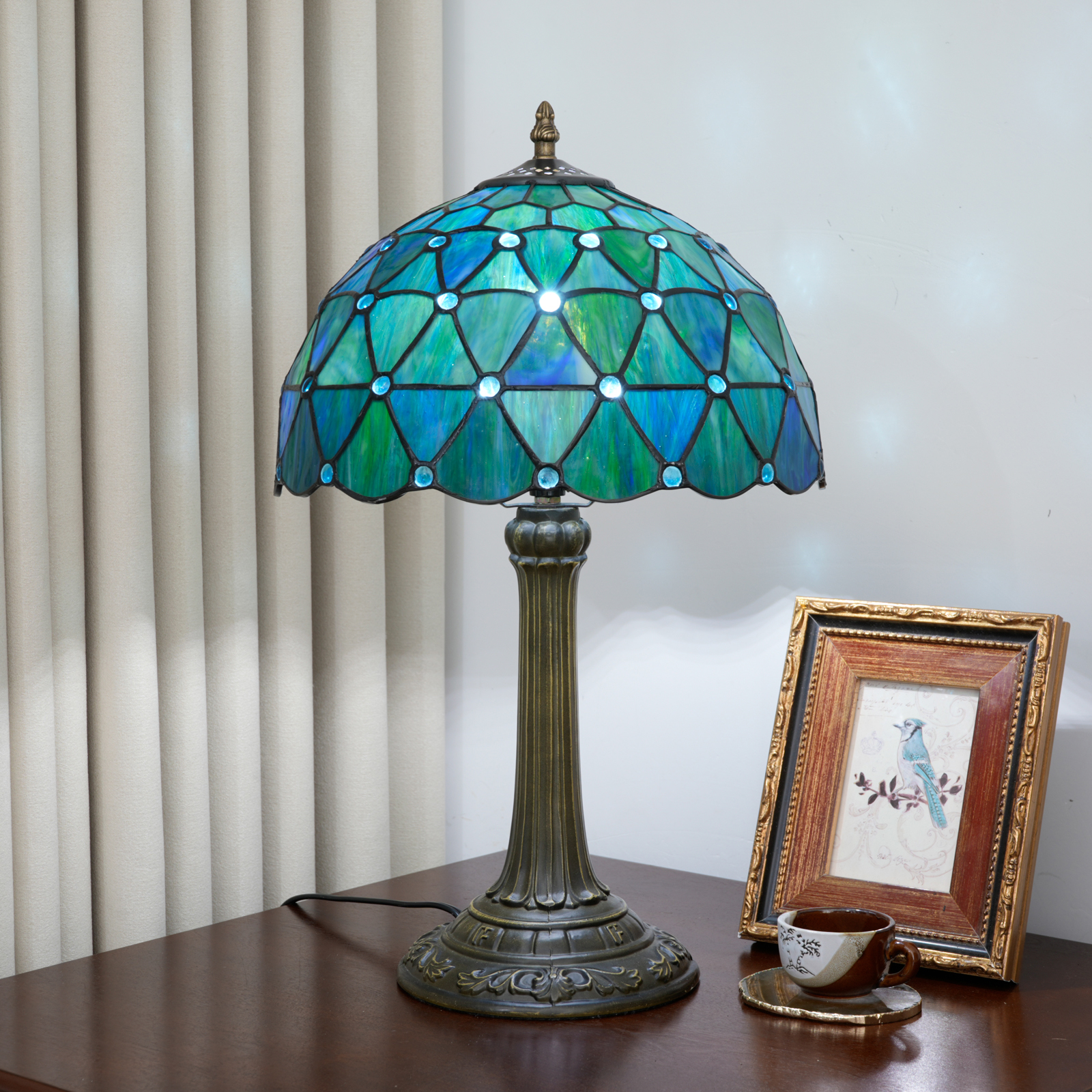 Blivuself Vintage Blue Green Jeweled Tiffany Table Lamp, 12 Inch Handcrafted Stained Glass Geometric Nightstand Lamp with Antique Bronze Finish Aluminium Alloy Base, Art Deco Bedside Light for Bedroom, Living Room, Office, Home Decor OFT1398